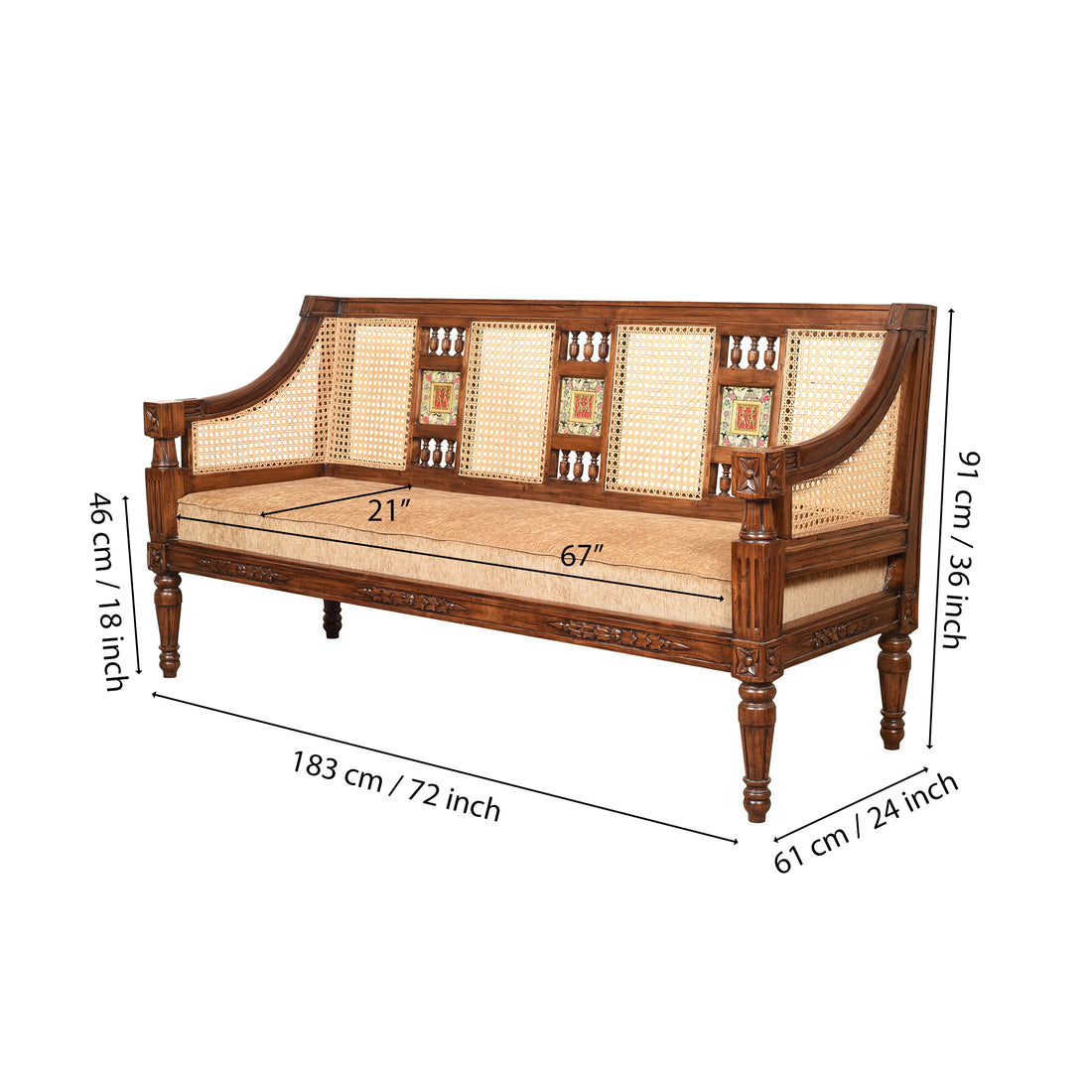 Tulip Three Seater Sofa with Cane Work