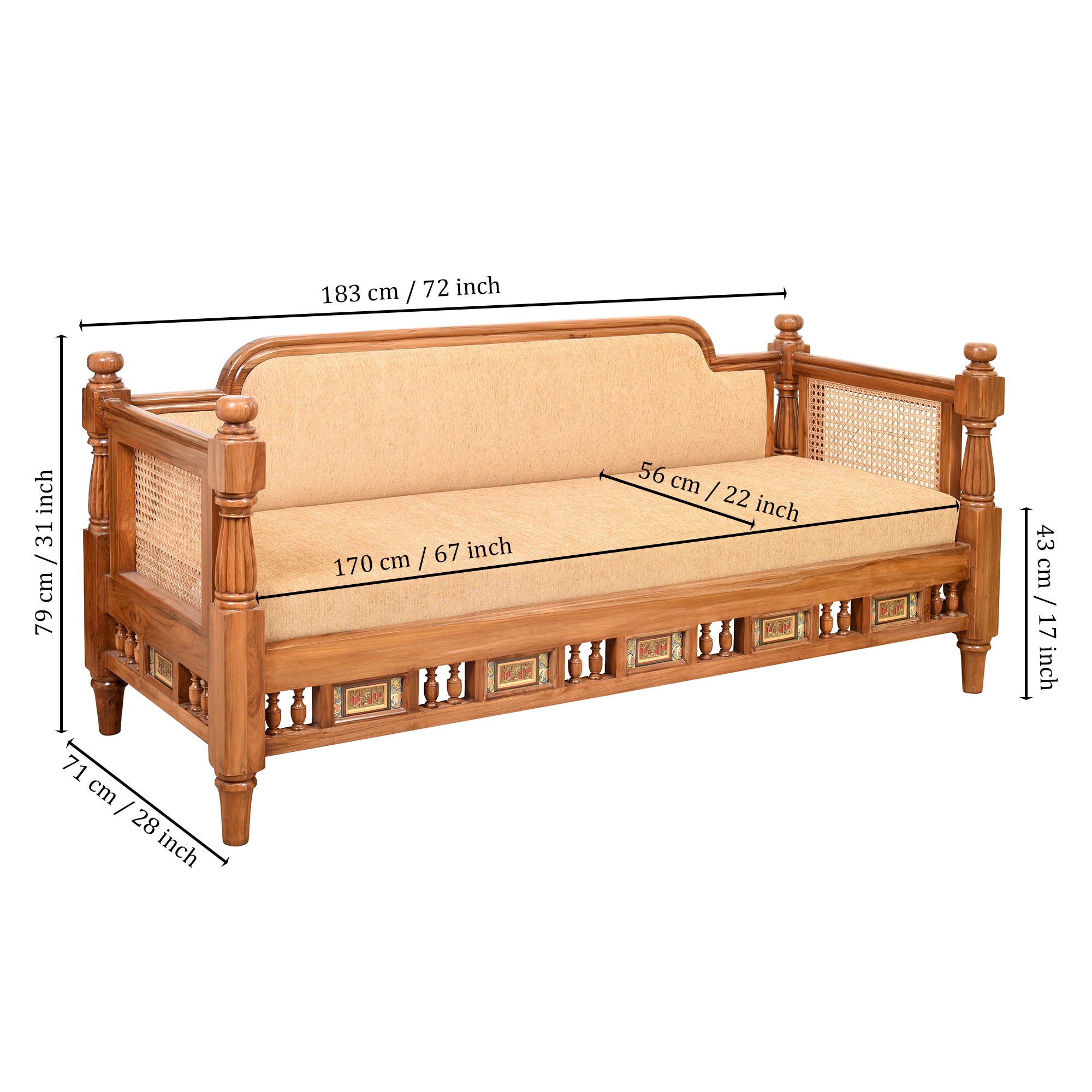 Orchid-III Three Seater Sofa with Cane Work