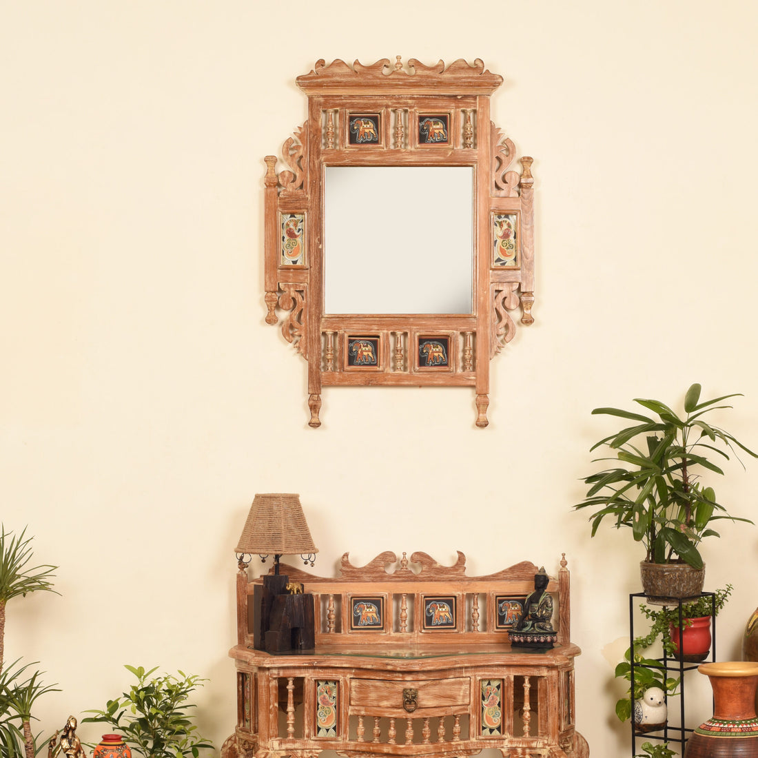 Lavanya-I Teakwood Mirror in Teak Finish adorned with Art Frames