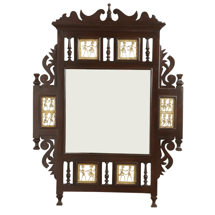 Lavanya Teakwood Mirror in Walnut Finish adorned with Brass Frames (28x2x36)