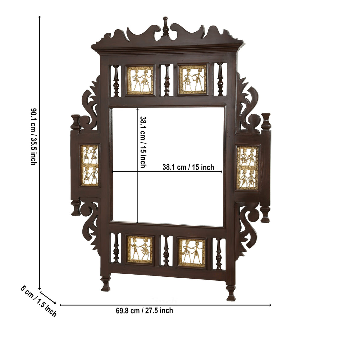 Lavanya Teakwood Mirror in Walnut Finish adorned with Brass Frames (28x2x36)