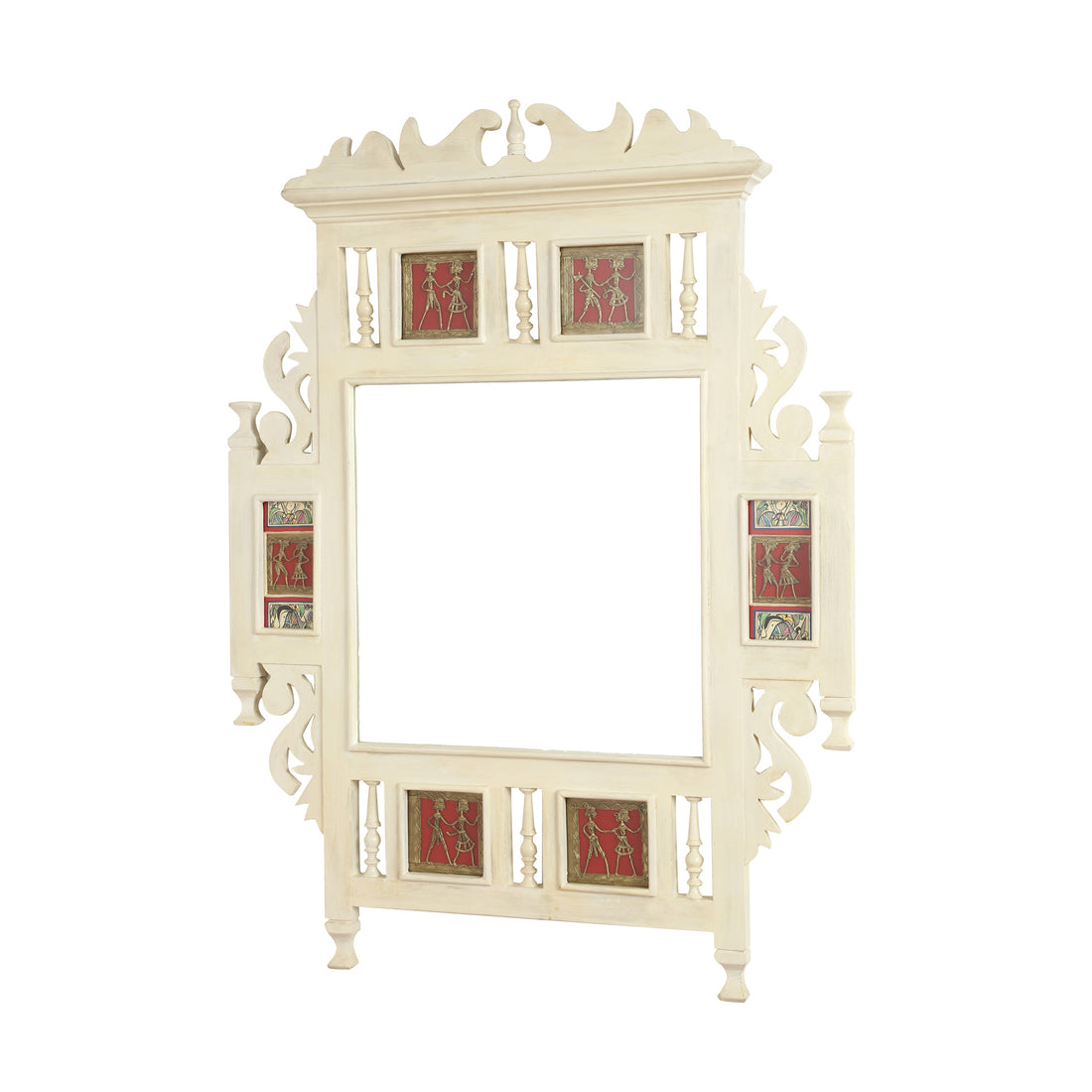 Lavanya-II Teakwood Mirror in Ivory Finish adorned with Brass Frames (28x2x36)