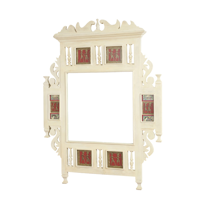 Lavanya-II Teakwood Mirror in Ivory Finish adorned with Brass Frames (28x2x36)