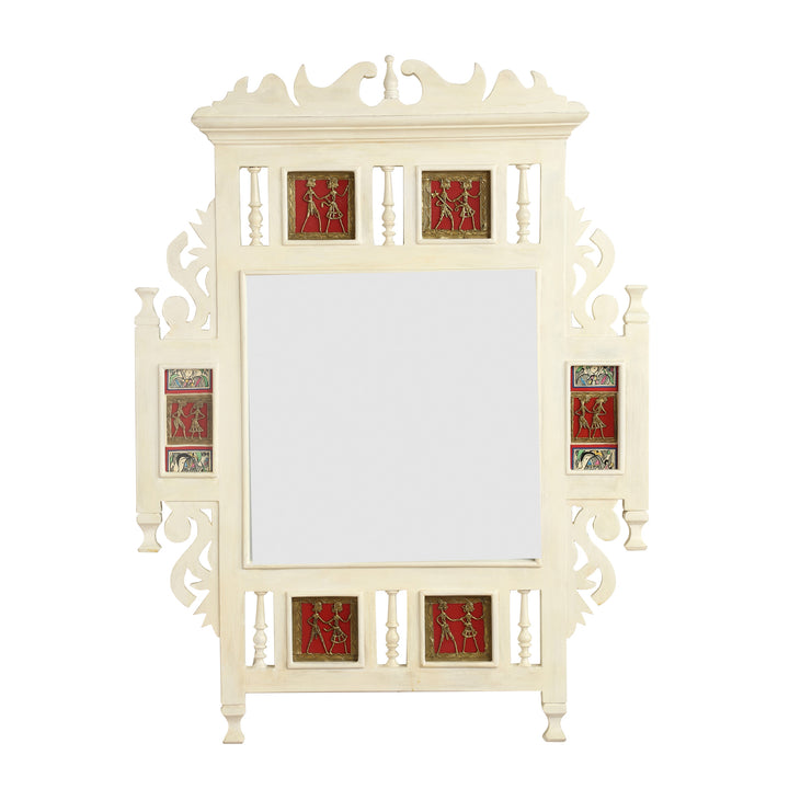 Lavanya-II Teakwood Mirror in Ivory Finish adorned with Brass Frames (28x2x36)