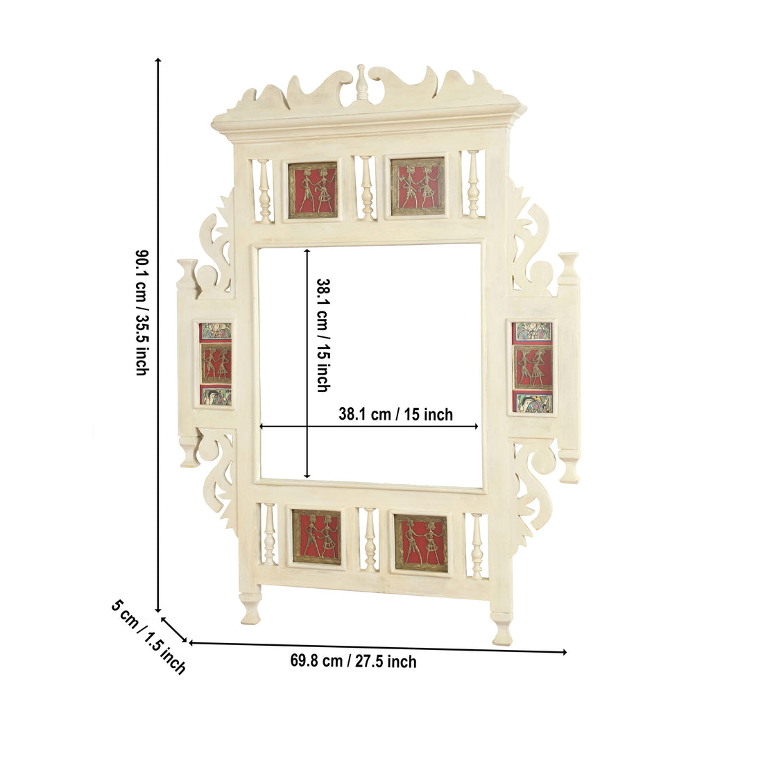 Lavanya-II Teakwood Mirror in Ivory Finish adorned with Brass Frames (28x2x36)