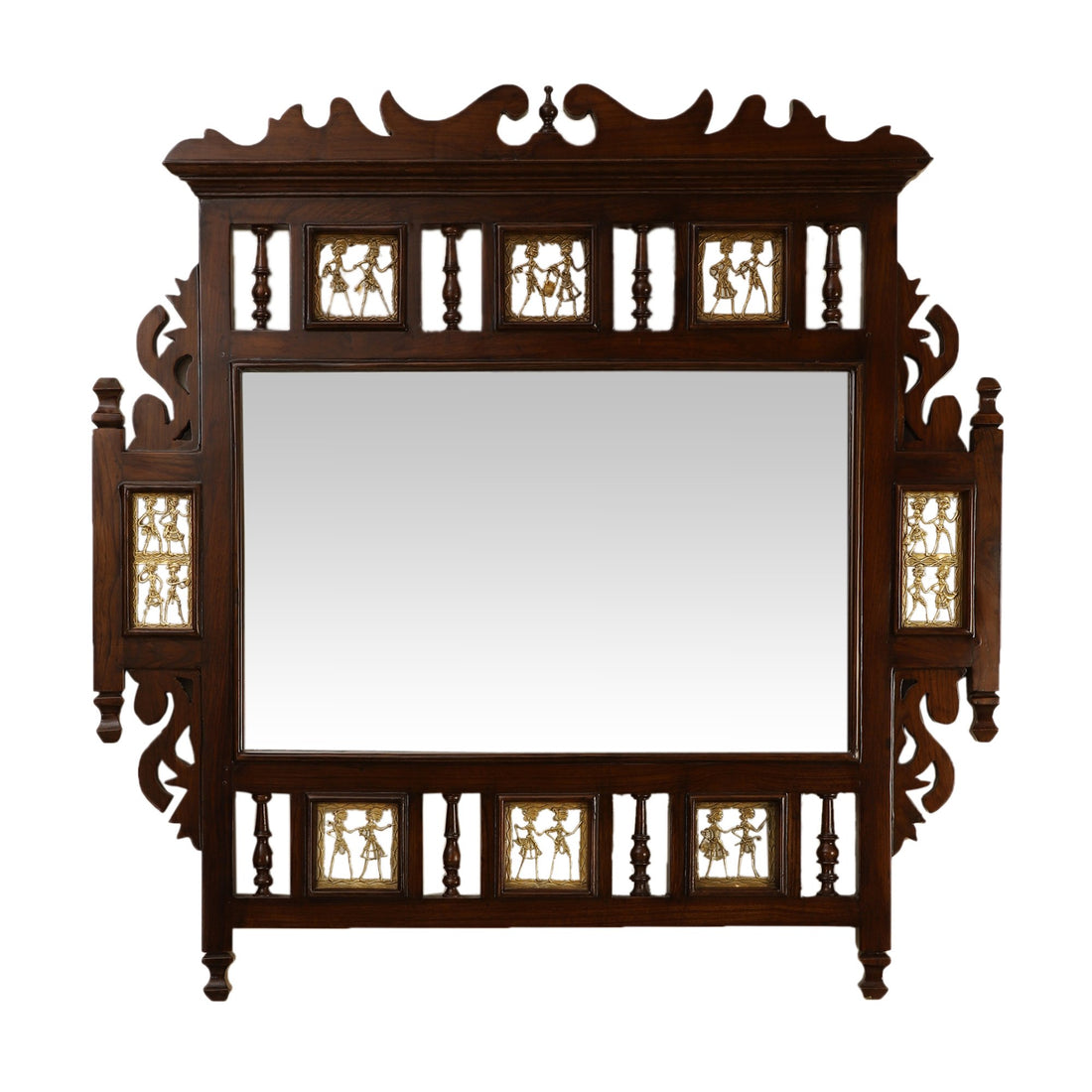 Soumya Teakwood Mirror in Walnut Finish adorned with Brass Frames (36x36)