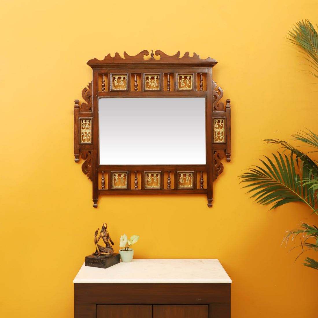 Soumya Teakwood Mirror in Walnut Finish adorned with Brass Frames (36x36)