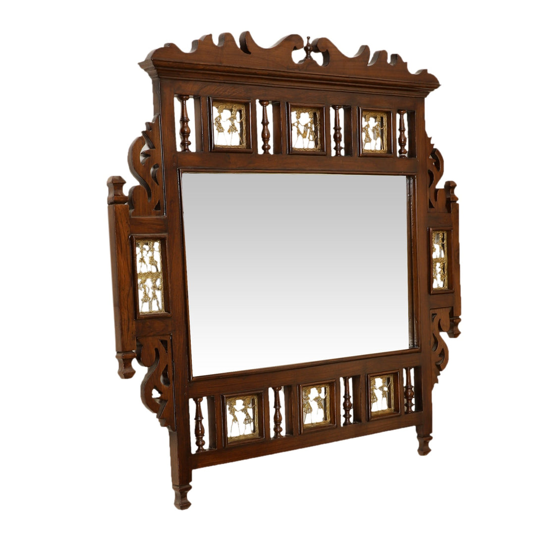 Soumya Teakwood Mirror in Walnut Finish adorned with Brass Frames (36x36)