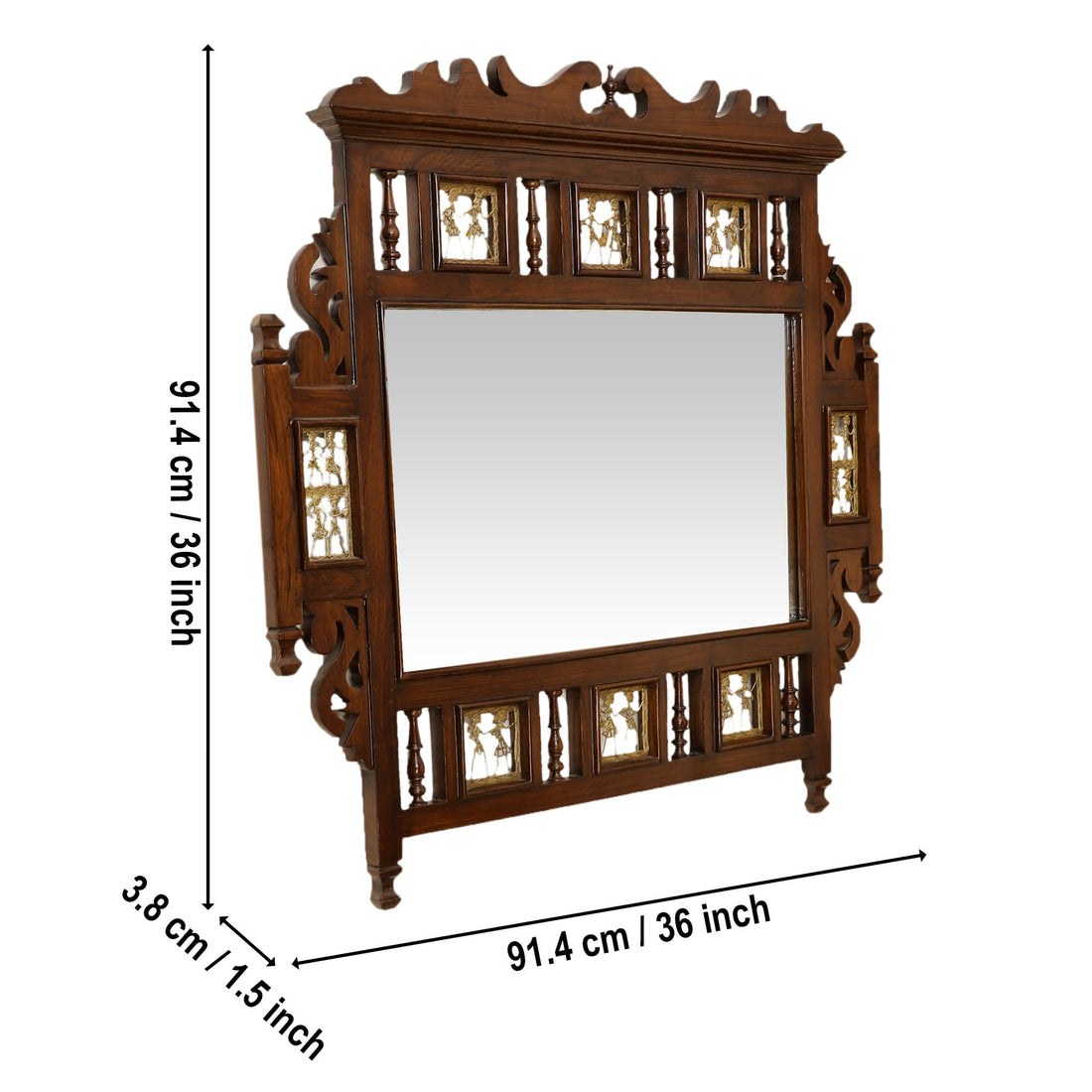 Soumya Teakwood Mirror in Walnut Finish adorned with Brass Frames (36x36)