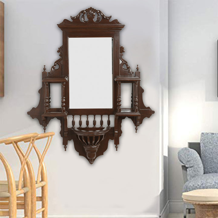 Padmini Teakwood Mirror in Jharokha Style in Walnut Finish (33x9x38)