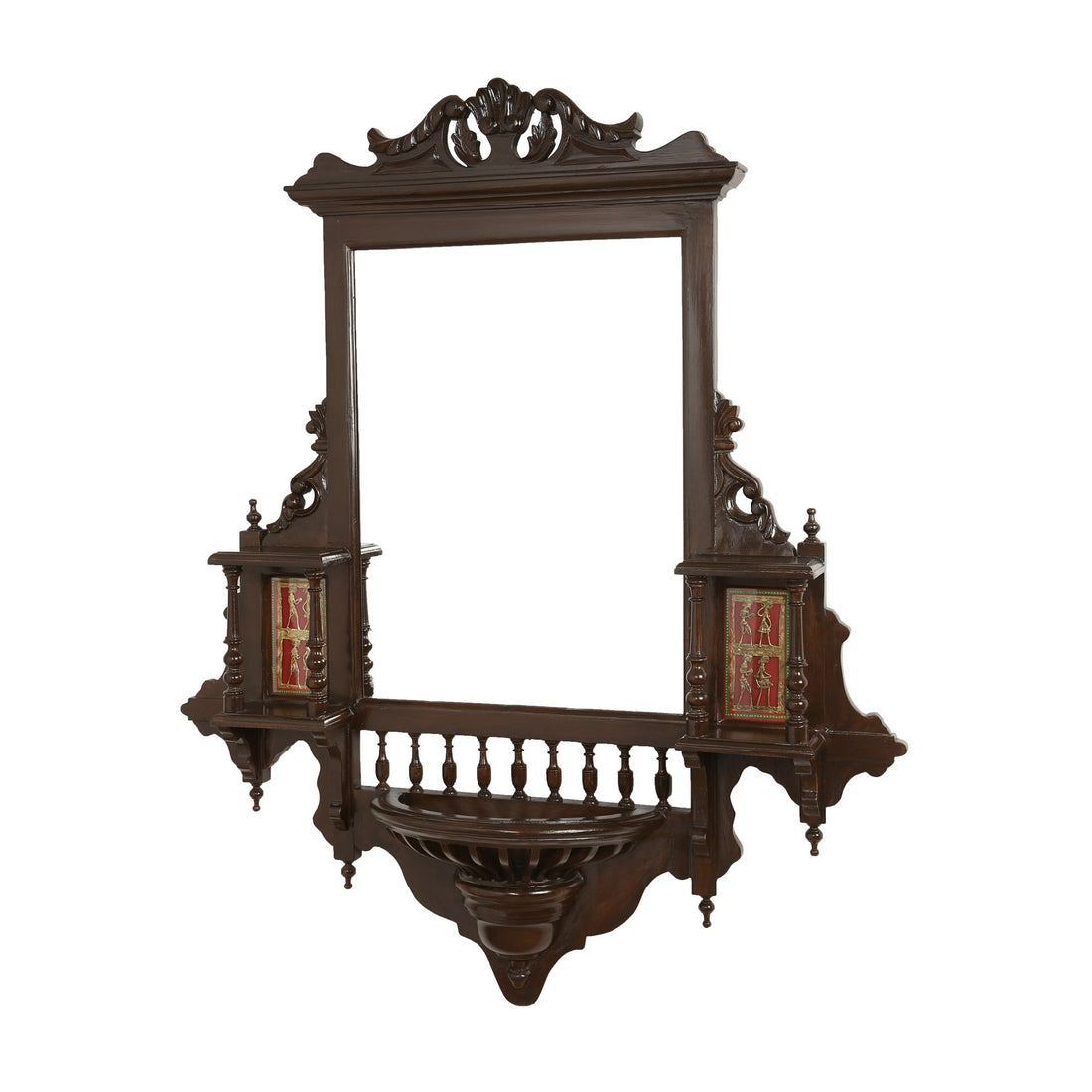 Padmini-II Teakwood Mirror in Jharokha Style in Walnut Finish adorned with Brass frames (40x9x46)