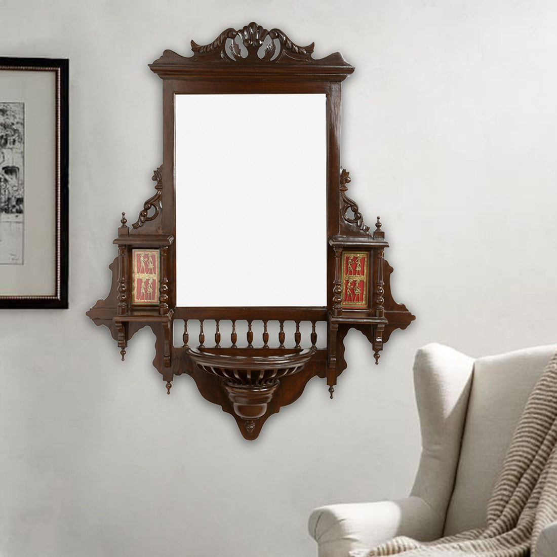 Padmini-II Teakwood Mirror in Jharokha Style in Walnut Finish adorned with Brass frames (40x9x46)