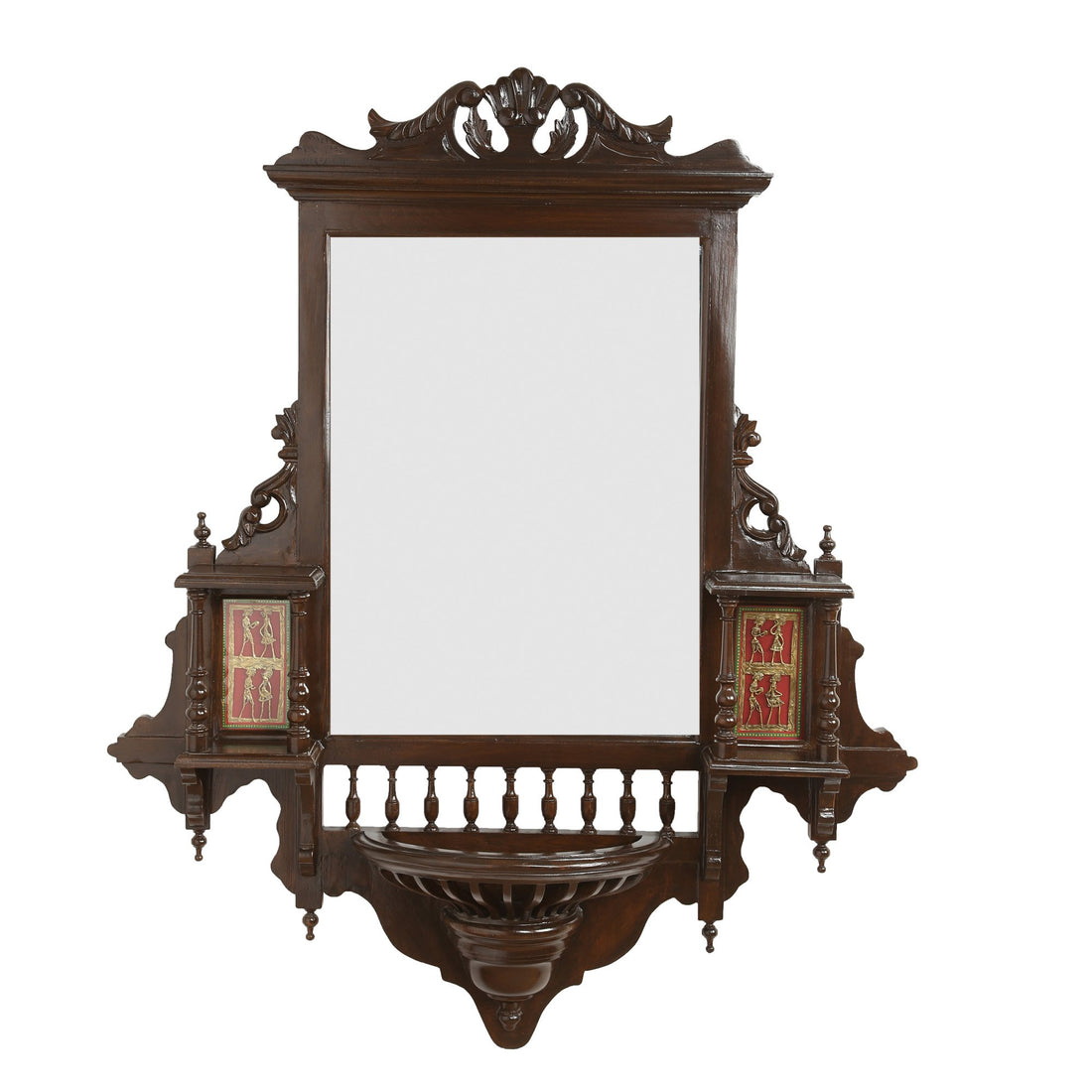 Padmini-II Teakwood Mirror in Jharokha Style in Walnut Finish adorned with Brass frames (40x9x46)