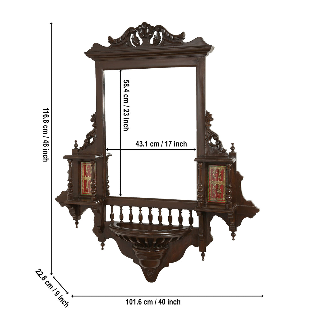 Padmini-II Teakwood Mirror in Jharokha Style in Walnut Finish adorned with Brass frames (40x9x46)