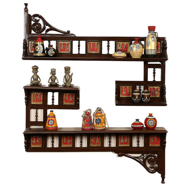 Amber Wall Decor Shelves in Teakwood with Walnut Finish adorned with Brass Art Work (42x5x50)