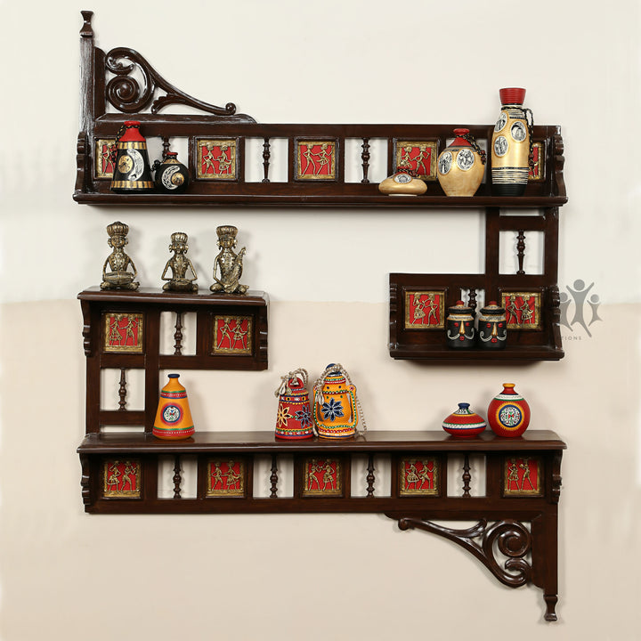 Amber Wall Decor Shelves in Teakwood with Walnut Finish adorned with Brass Art Work (42x5x50)