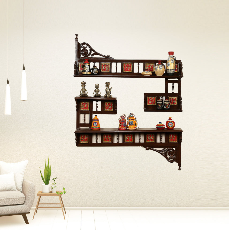 Amber Wall Decor Shelves in Teakwood with Walnut Finish adorned with Brass Art Work (42x5x50)