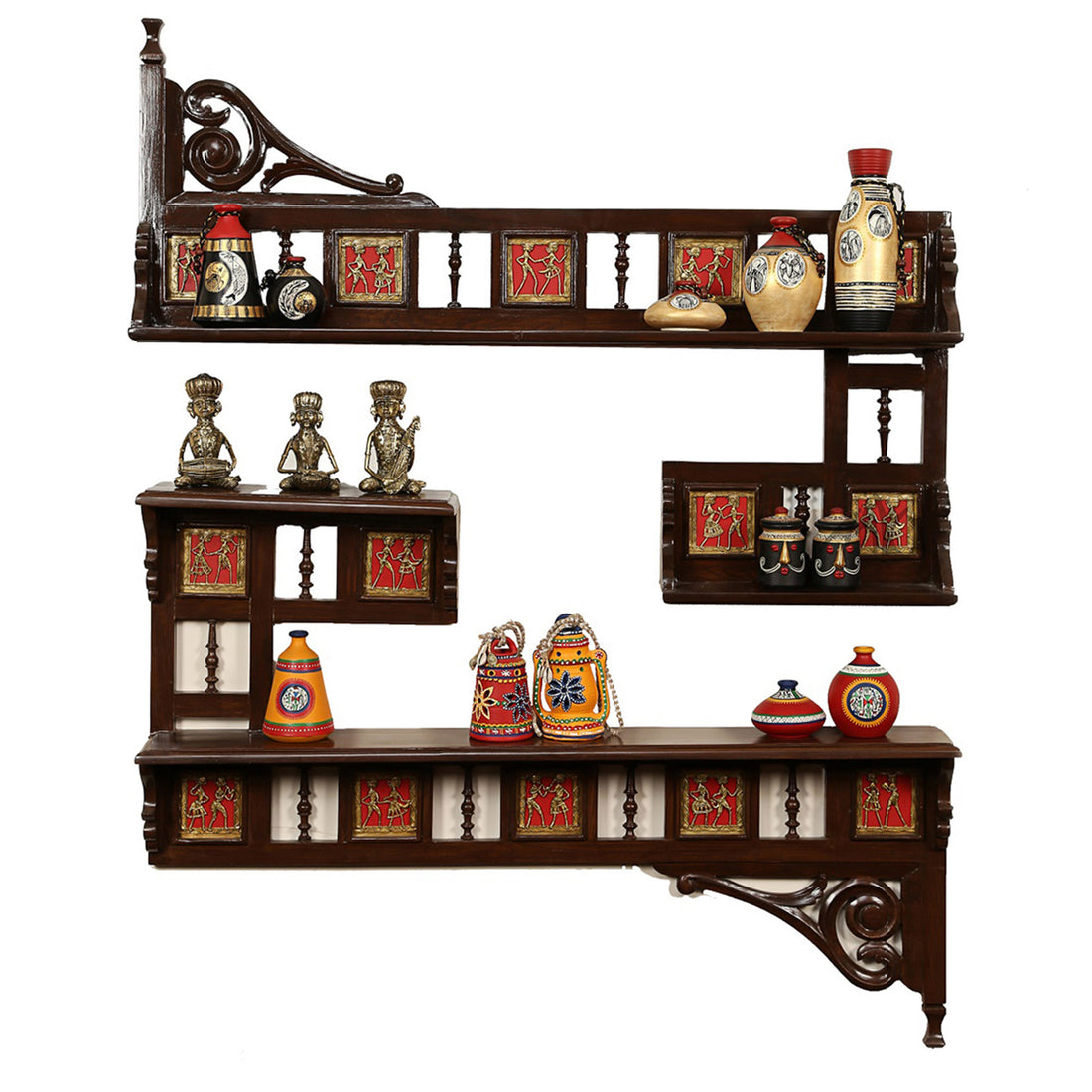 Amber Wall Decor Shelves in Teakwood with Walnut Finish adorned with Brass Art Work (42x5x50)