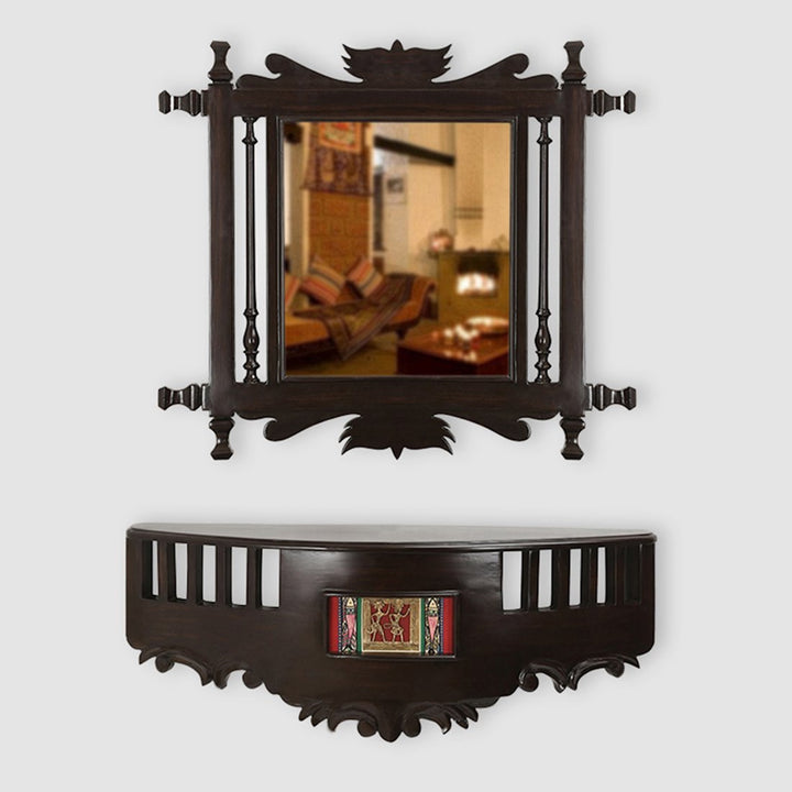 Kiara Teakwood Wall mirror with matching Wall Shelf in Walnut Finish (20x24/26x5x10)