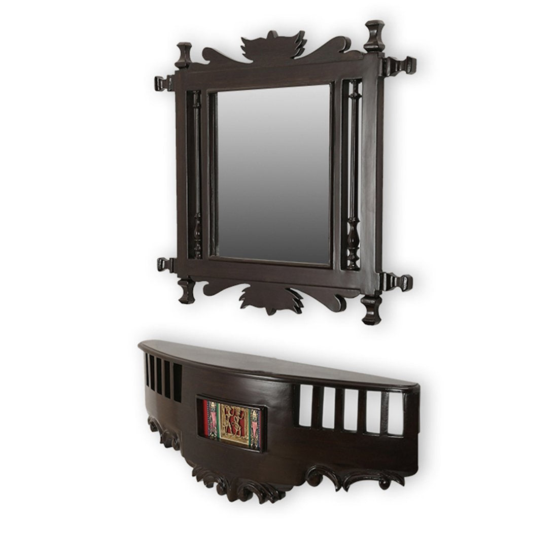 Kiara Teakwood Wall mirror with matching Wall Shelf in Walnut Finish (20x24/26x5x10)