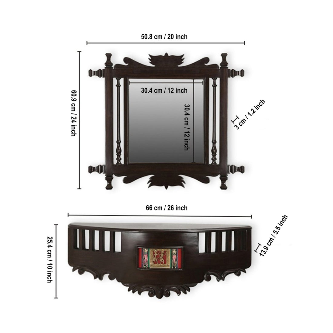 Kiara Teakwood Wall mirror with matching Wall Shelf in Walnut Finish (20x24/26x5x10)