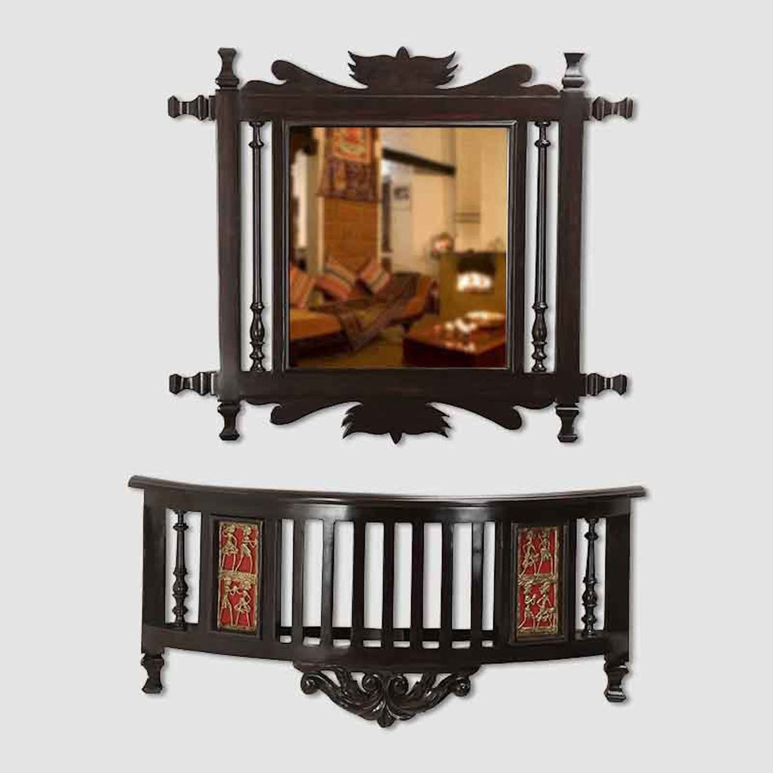 Kiara-II Teakwood Wall mirror with matching Wall Shelf in Walnut Finish (21x24/26x7.5x12)