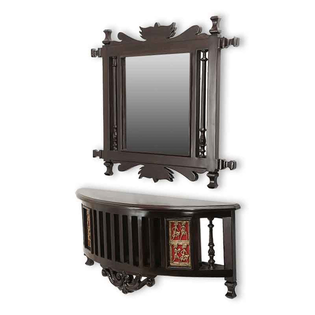 Kiara-II Teakwood Wall mirror with matching Wall Shelf in Walnut Finish (21x24/26x7.5x12)