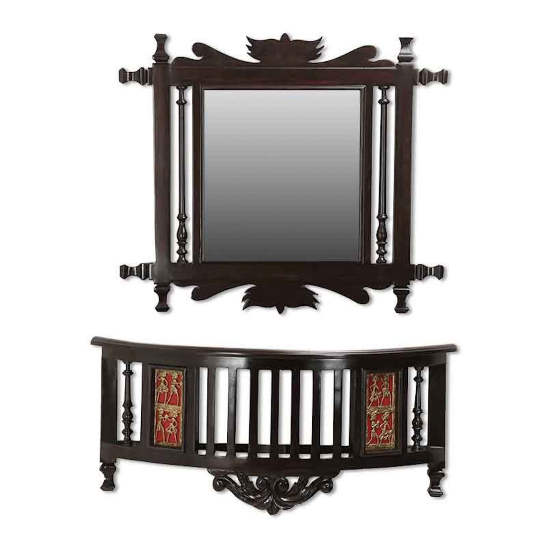 Kiara-II Teakwood Wall mirror with matching Wall Shelf in Walnut Finish (21x24/26x7.5x12)