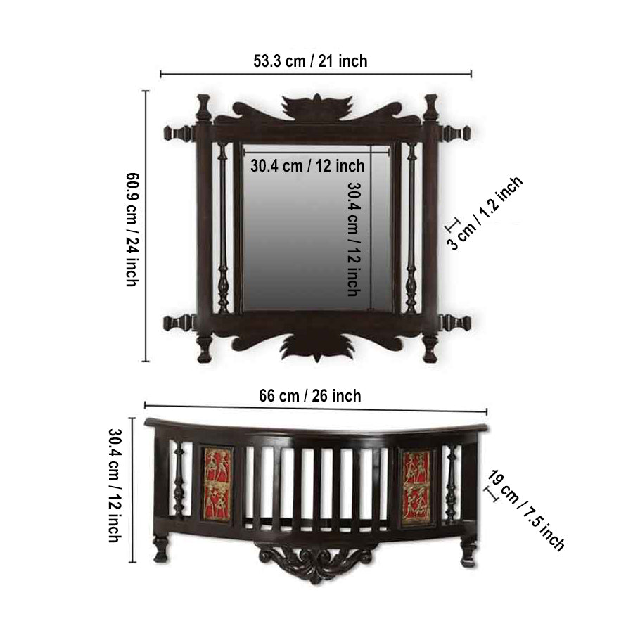 Kiara-II Teakwood Wall mirror with matching Wall Shelf in Walnut Finish (21x24/26x7.5x12)