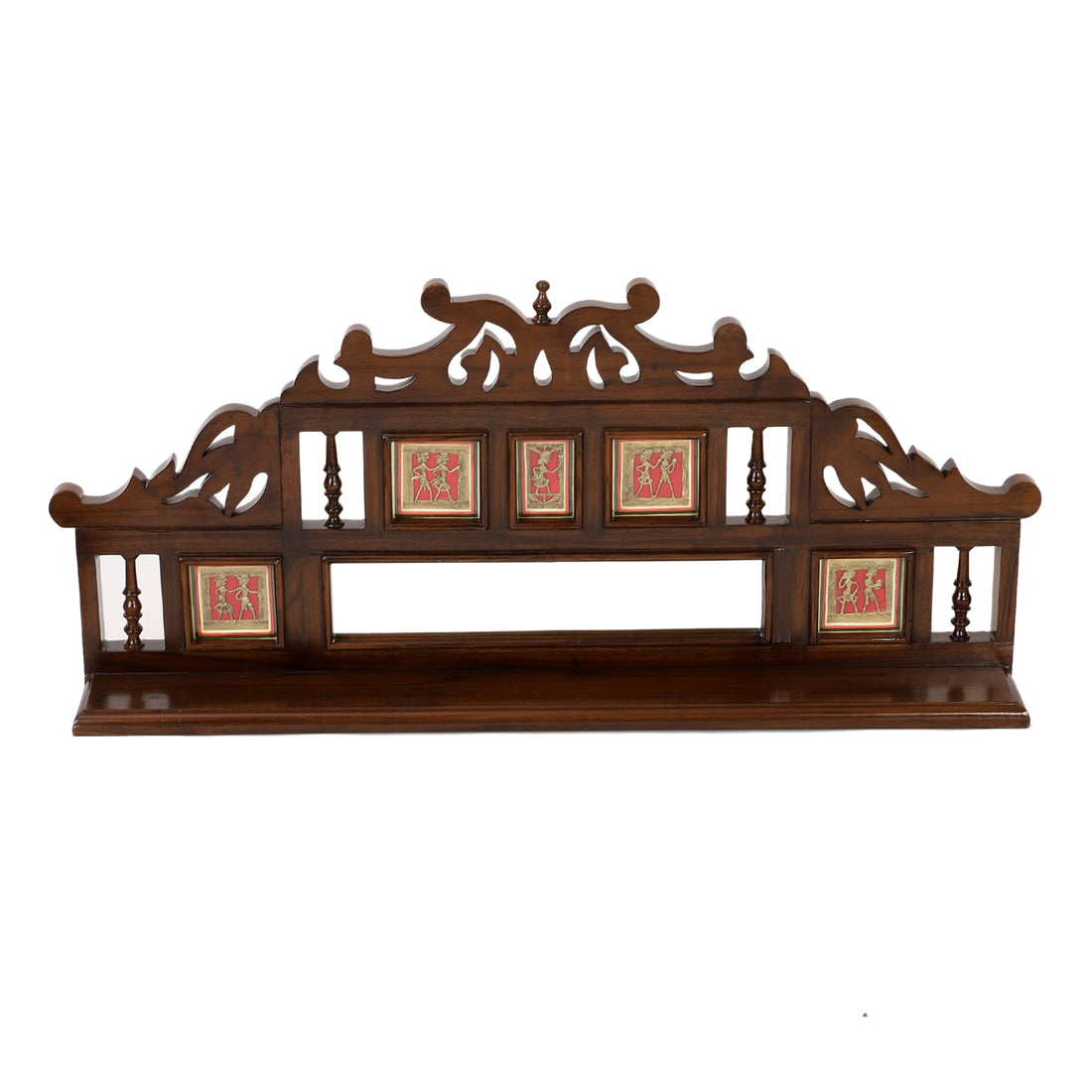 Alia Wall Decor Shelves in Teakwood with Walnut Finish adorned with Brass Art Work (39x5.5x17)