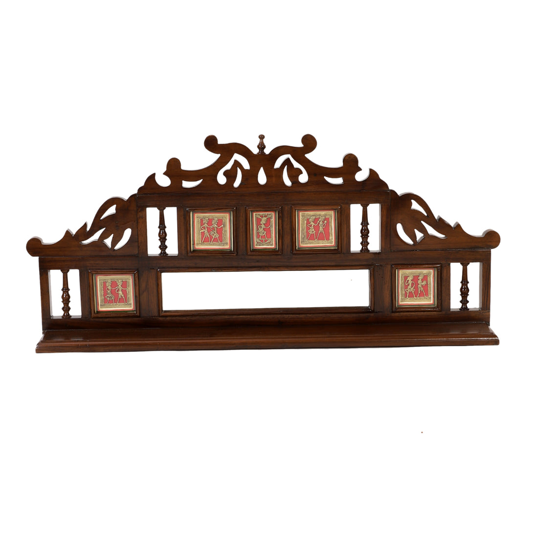 Alia Wall Decor Shelves in Teakwood with Walnut Finish adorned with Brass Art Work (39x5.5x17)