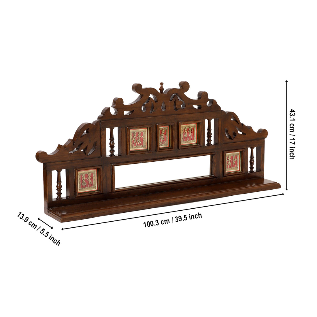 Alia Wall Decor Shelves in Teakwood with Walnut Finish adorned with Brass Art Work (39x5.5x17)