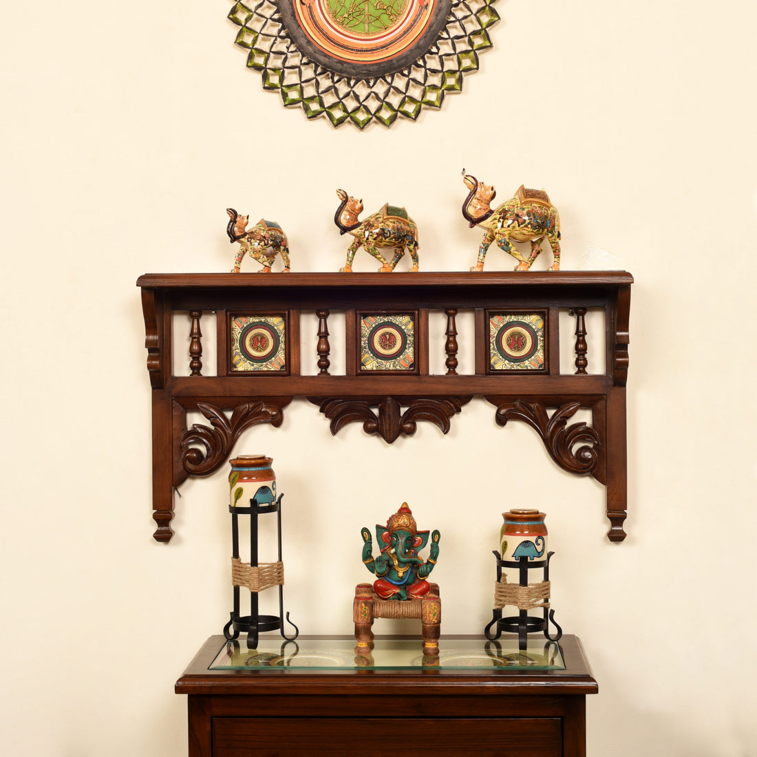 Aria Wall Decor Shelf in Teakwood with Walnut Finish adorned with Brass Art Work