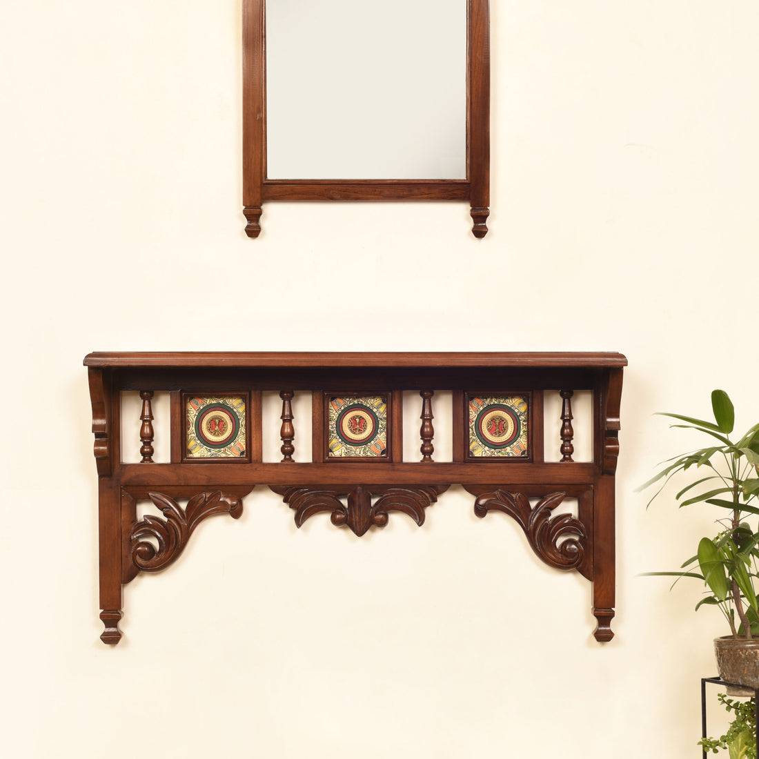 Aria Wall Decor Shelf in Teakwood with Walnut Finish adorned with Brass Art Work