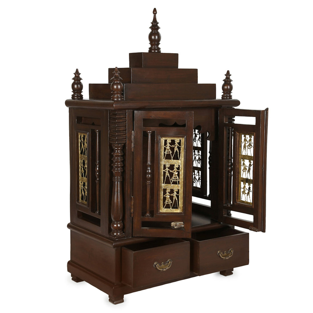 Divinity-I Teak Wood Mandir in Walnut Finish adorned with Dhokra Brass Frame (25x15.5x46)