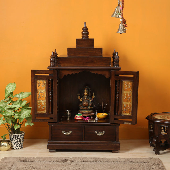 Divinity-I Teak Wood Mandir in Walnut Finish adorned with Dhokra Brass Frame (25x15.5x46)