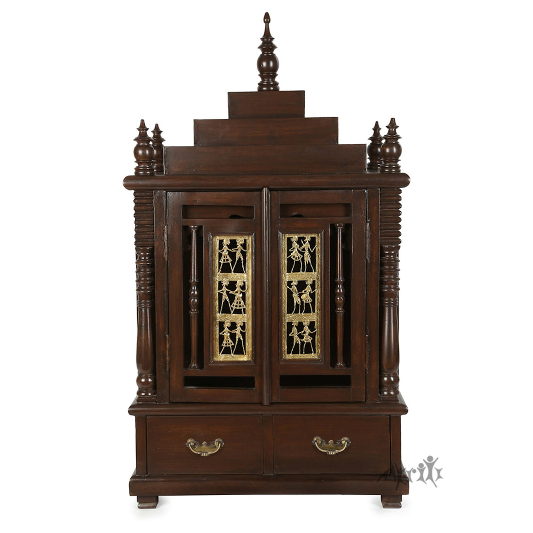 Divinity-I Teak Wood Mandir in Walnut Finish adorned with Dhokra Brass Frame (25x15.5x46)