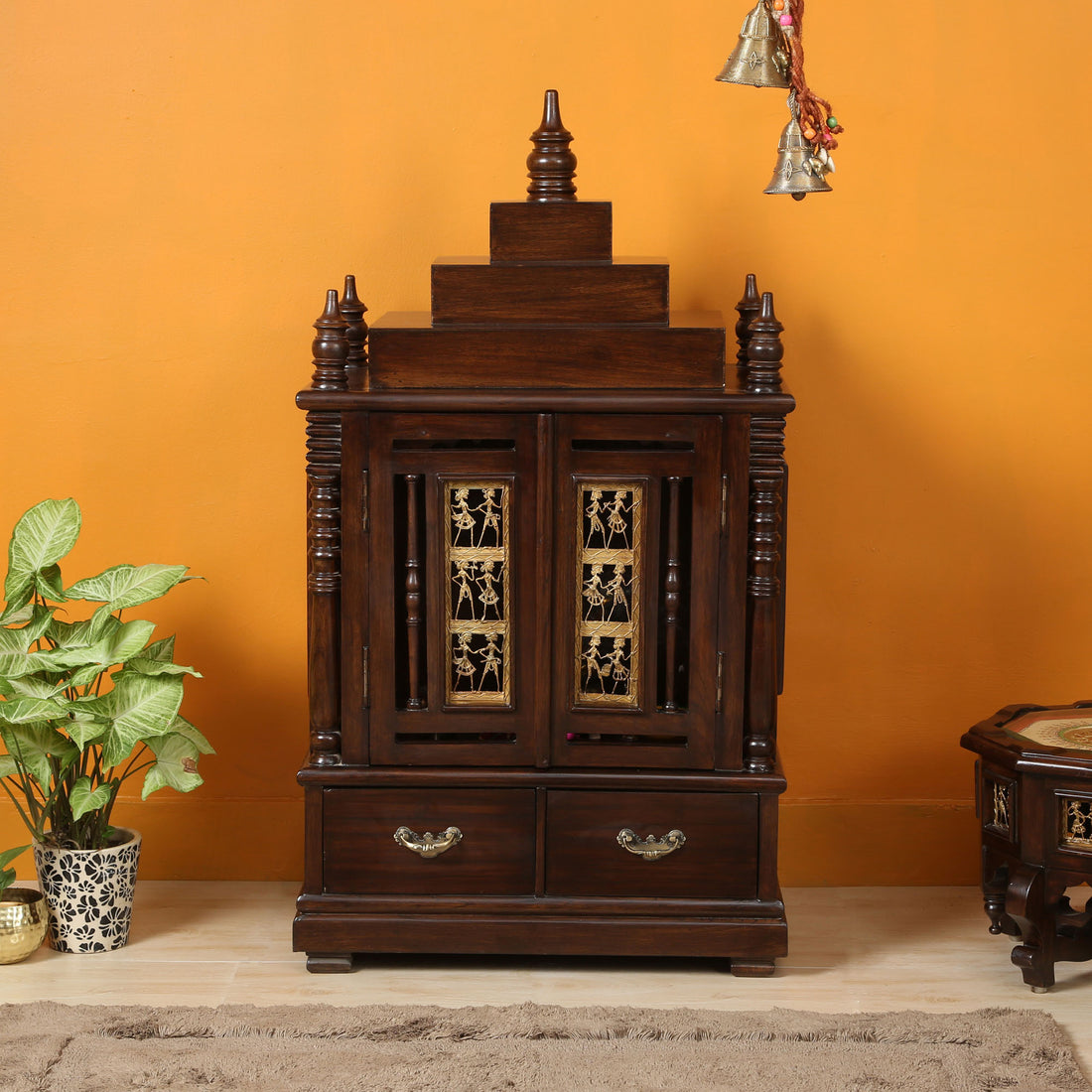 Divinity-I Teak Wood Mandir in Walnut Finish adorned with Dhokra Brass Frame (25x15.5x46)