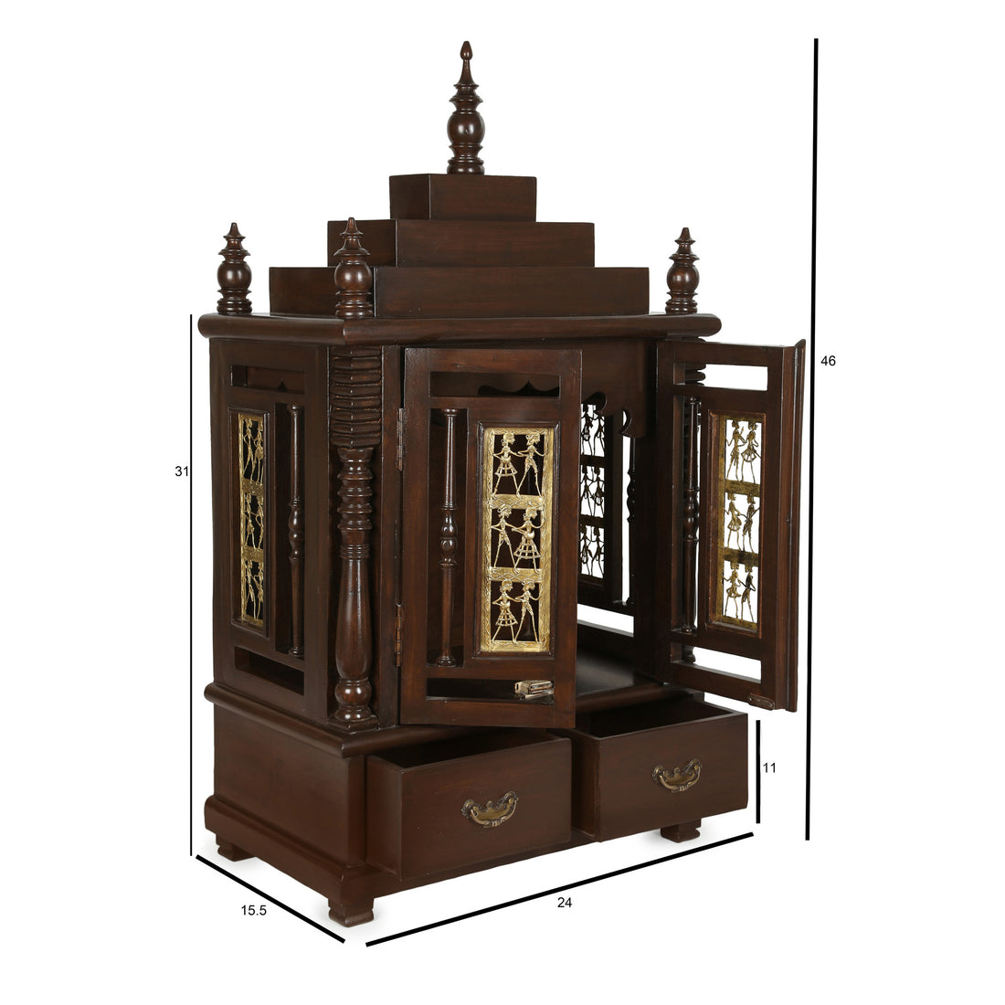 Divinity-I Teak Wood Mandir in Walnut Finish adorned with Dhokra Brass Frame (25x15.5x46)