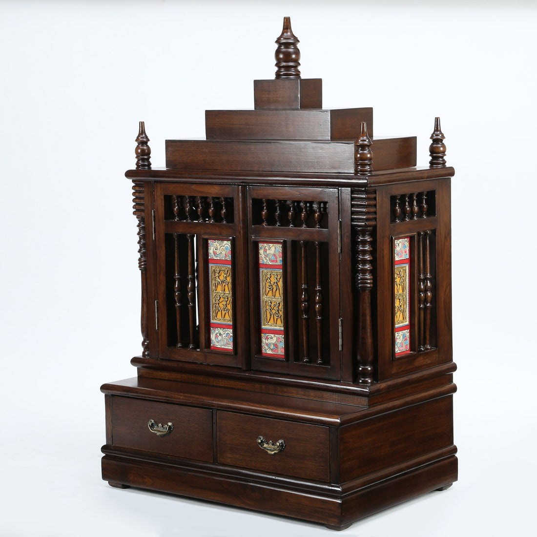 Divinity-II Teak Wood Mandir in Walnut Finish adorned with Madhubani & Dhokra Art (31x21x48)