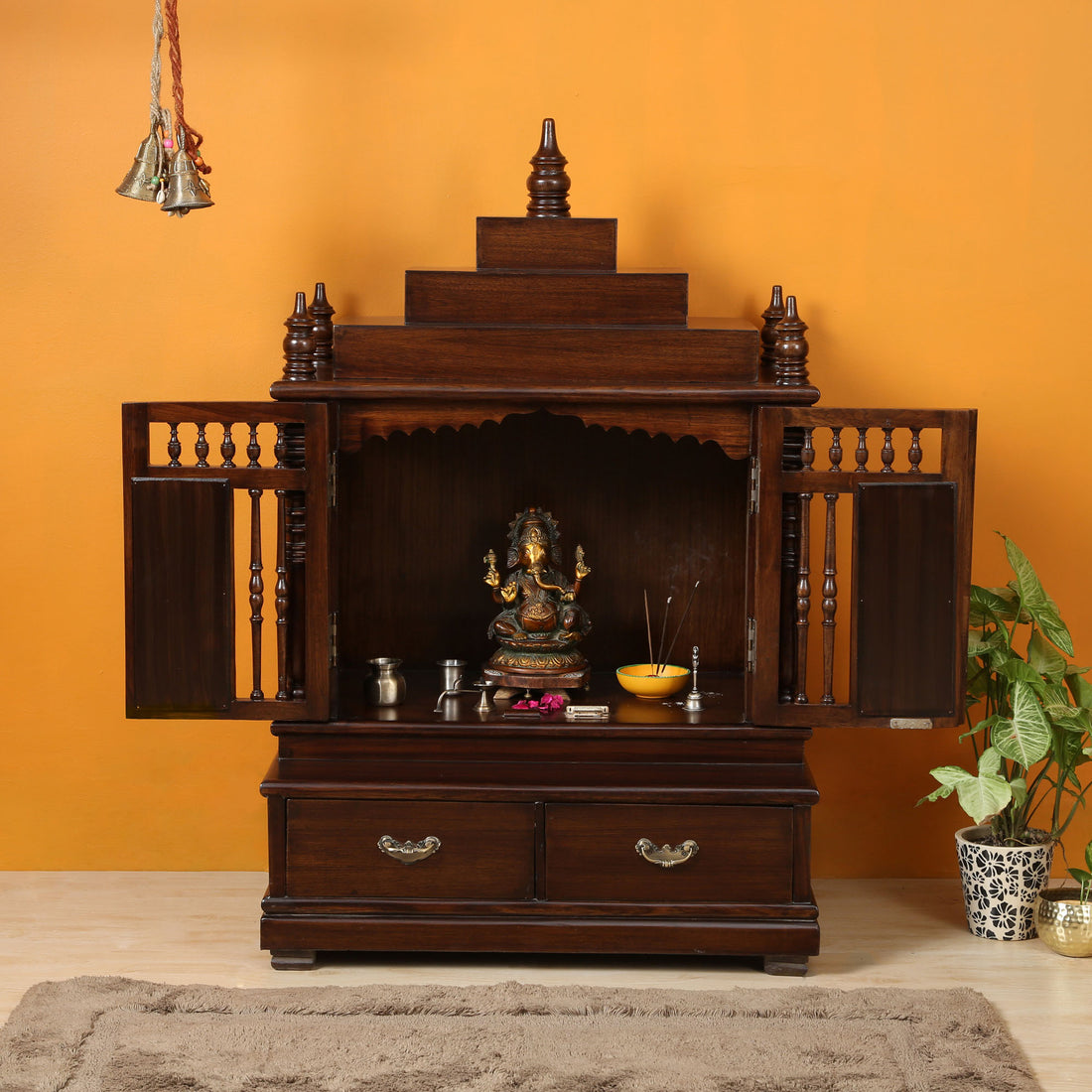 Divinity-II Teak Wood Mandir in Walnut Finish adorned with Madhubani & Dhokra Art (31x21x48)