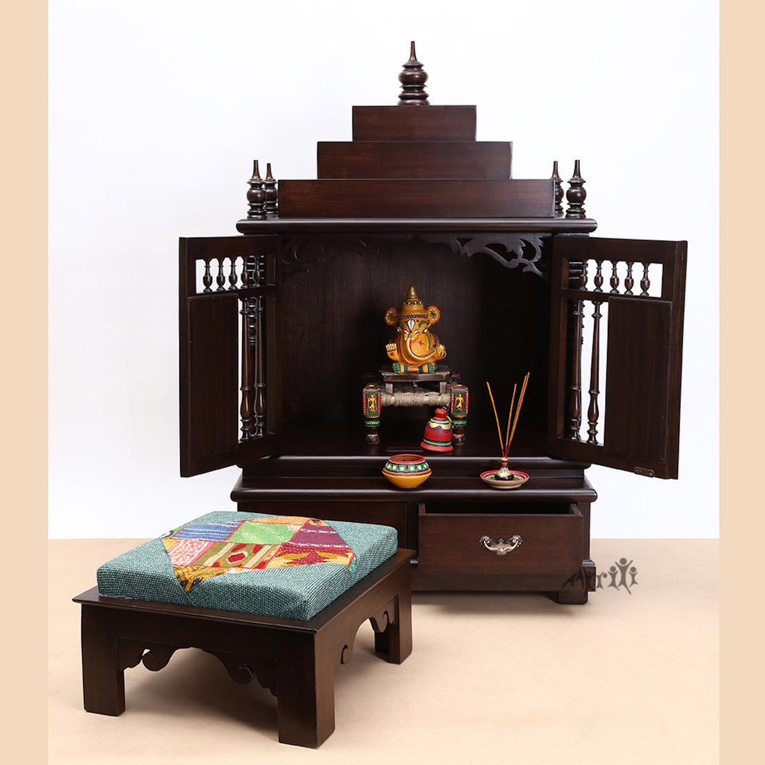 Divinity-II Teak Wood Mandir in Walnut Finish adorned with Madhubani & Dhokra Art (31x21x48)