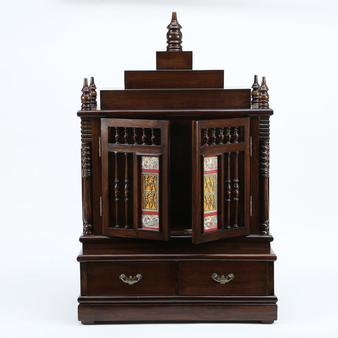 Divinity-II Teak Wood Mandir in Walnut Finish adorned with Madhubani & Dhokra Art (31x21x48)