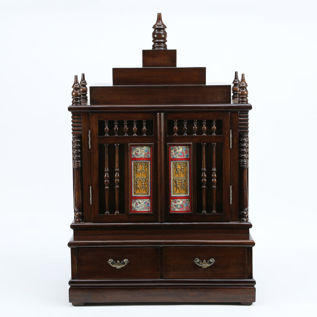 Divinity-II Teak Wood Mandir in Walnut Finish adorned with Madhubani & Dhokra Art (31x21x48)