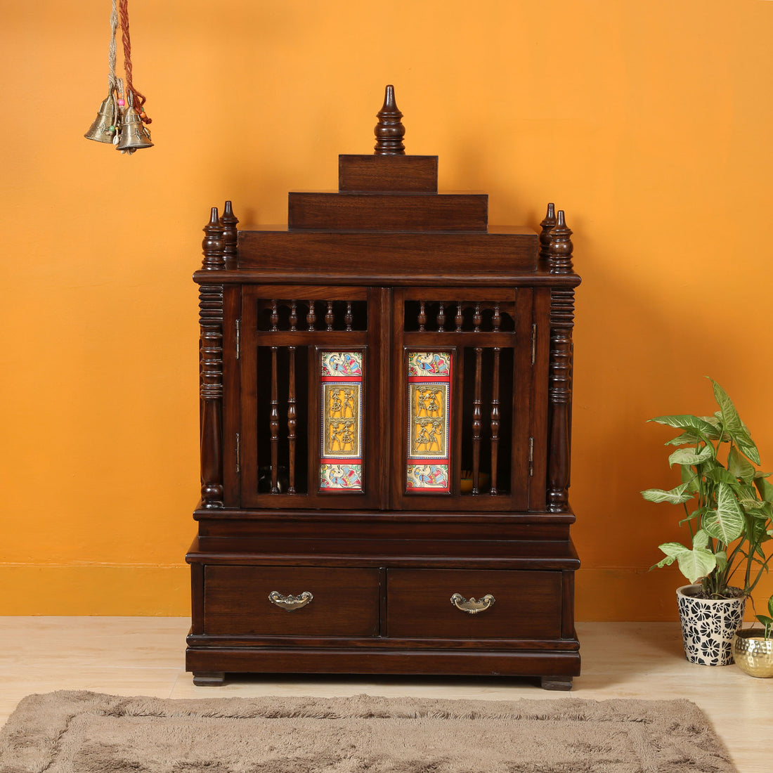 Divinity-II Teak Wood Mandir in Walnut Finish adorned with Madhubani & Dhokra Art (31x21x48)