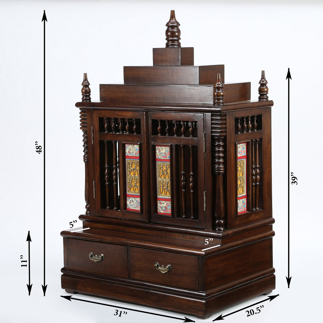 Divinity-II Teak Wood Mandir in Walnut Finish adorned with Madhubani & Dhokra Art (31x21x48)