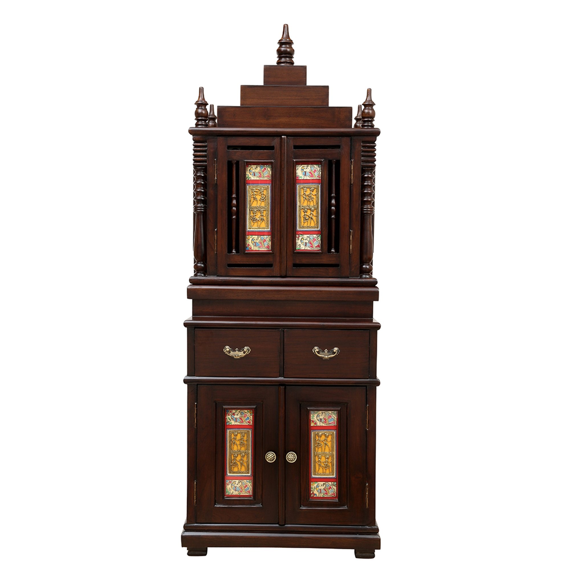 Divinity-III Teak Wood Mandir in Walnut Finish adorned with Madhubani & Dhokra Art (26x20x72)