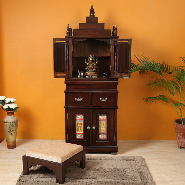 Divinity-III Teak Wood Mandir in Walnut Finish adorned with Madhubani & Dhokra Art (26x20x72)