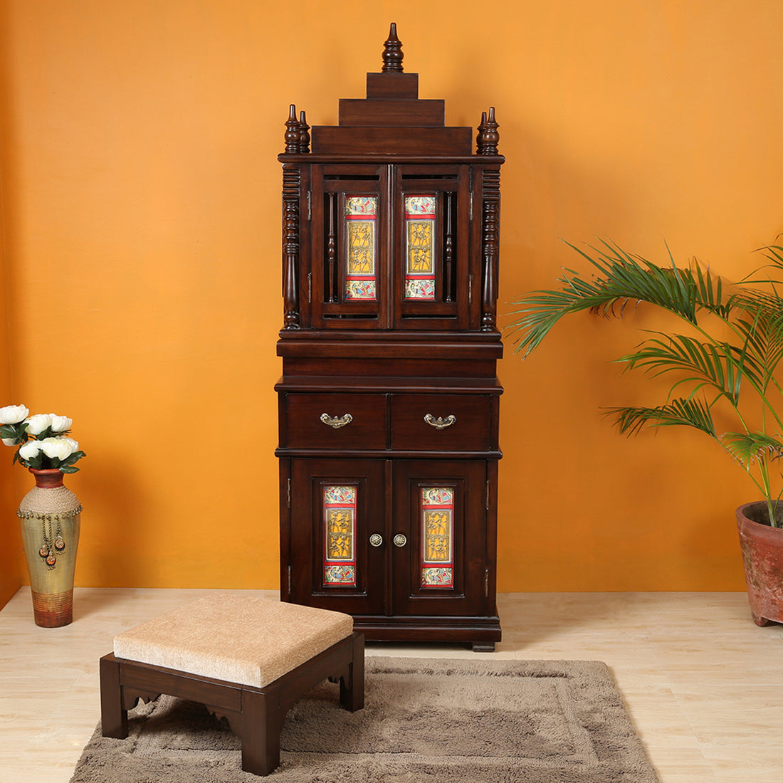 Divinity-III Teak Wood Mandir in Walnut Finish adorned with Madhubani & Dhokra Art (26x20x72)