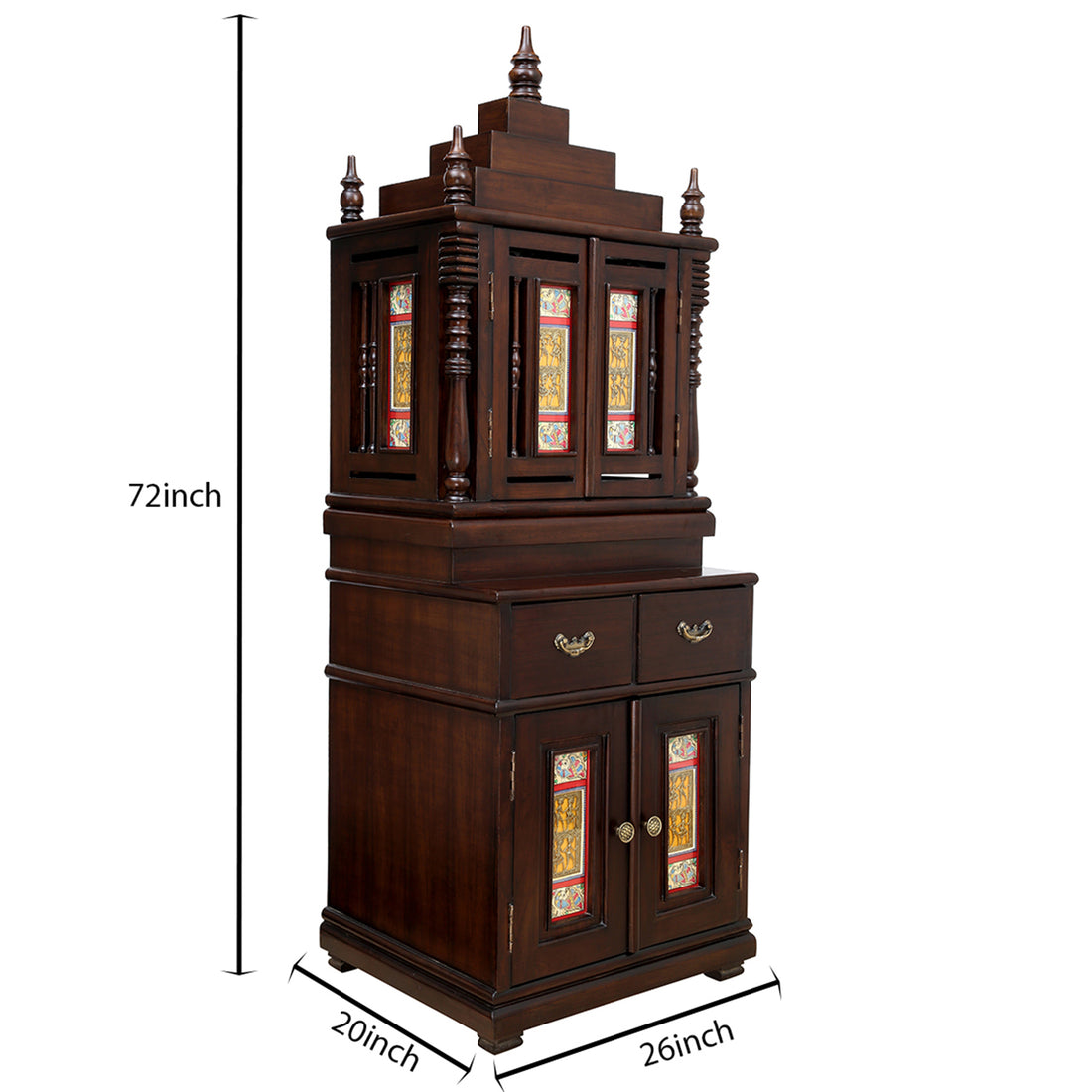 Divinity-III Teak Wood Mandir in Walnut Finish adorned with Madhubani & Dhokra Art (26x20x72)